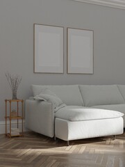 Mockup poster wood frame in empty picture living room interior vertical wooden floor There is a sofa in illustration 3d rendering.