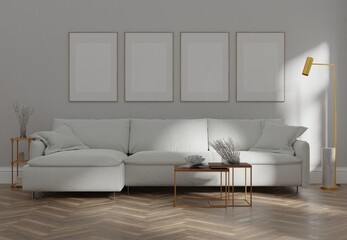 Mockup poster wood frame in empty four picture front view. living room interior vertical wooden floor There is a sofa in illustration 3d rendering.