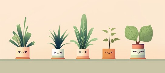 Cozy plant cartoon characters on plain background, Plants as cartoon in pots