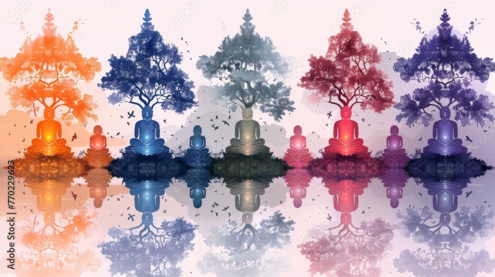 Poster a series of line drawings depicting the different chakras in detail each one accompanied by small il