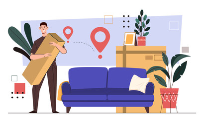 Loader service concept. Man with cardboartd boxes near blue sofa. Imigration and relocation. Home delivery of furniture. Shipping and transportation. Cartoon flat vector illustration