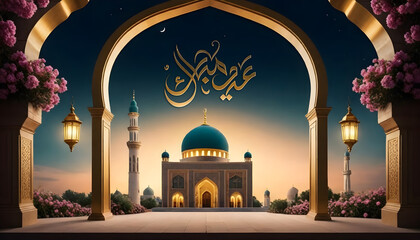 eid mubarak royal elegant lamp with mosque entry holy gate  - obrazy, fototapety, plakaty