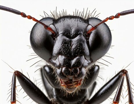 Close-up of the face of an ant against a plain background