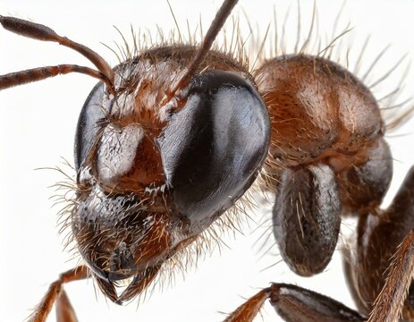 Close-up of the face of an ant against a plain background