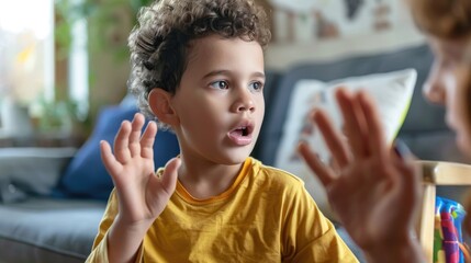 Young curly-haired child in awe, raising hands while conversing, indoors with soft focus background