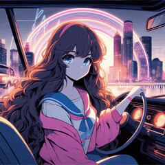 Vintage Anime Girl Driving Car in Neon Lit Cityscape vector - obrazy, fototapety, plakaty