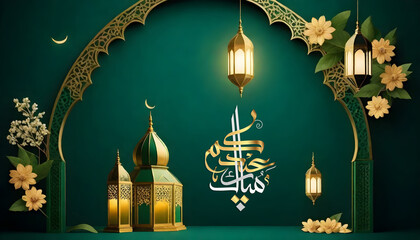 Eid Mubarak Greeting Background Design purple green - obrazy, fototapety, plakaty