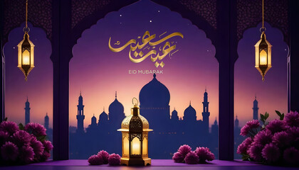Eid Mubarak Greeting Background Design purple  - obrazy, fototapety, plakaty
