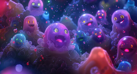 A group of cute cartoon bacteria, some purple and pink with yellow eyes, others blue or green with glowing light dots on their faces, all laughing together