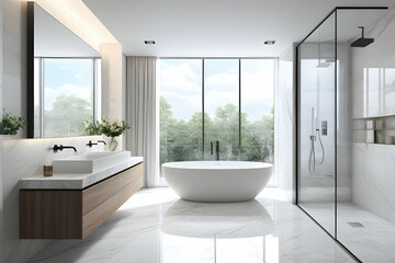3D rendered image of a modern bathroom with a sleek, minimalist design, white marble with soft and natural light.