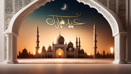 Eid Mubarak Greeting  with masjid arch and flowers Background Design  - obrazy, fototapety, plakaty