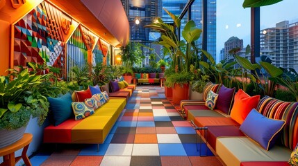 A rooftop cafe setting with lush greenery garden