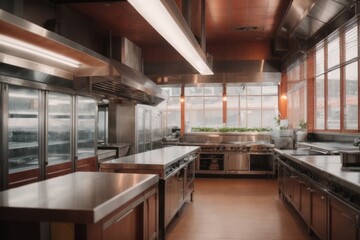 Empty and clean restaurant kitchen with cooking utensil