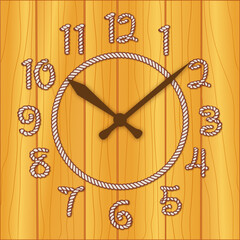 Western Rope Clock, Hour and minute hands can be re-positioned in EPS vector file.  Rustic lasso design clock timepiece on wood plank background.