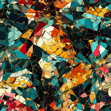 Seamless pattern of reflections in broken glass, colorful mosaic design. Generative ai