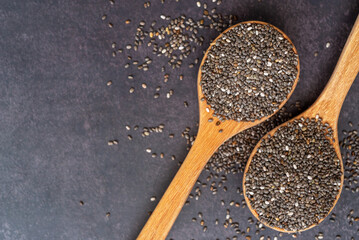 Chia seeds (Salvia hispanica) Salba chia edible seeds in wooden spoon.