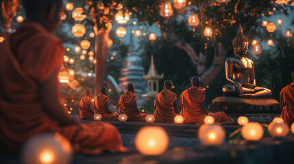 Monks Meditating with Lit Lanterns at Twilight - obrazy, fototapety, plakaty