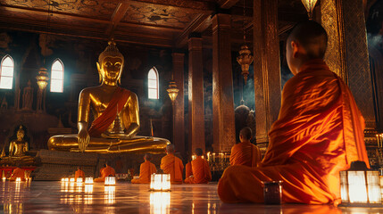 Monks Praying in Ornate Temple with Golden Buddha