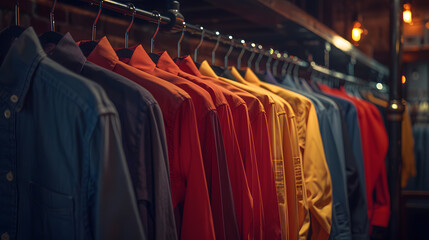 a row of colorful shirts hanging on a rack in a store - obrazy, fototapety, plakaty