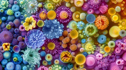 Hundreds of different types of pollen grains ranging in color from bright yellow to deep purple fill the microscopic image. - obrazy, fototapety, plakaty