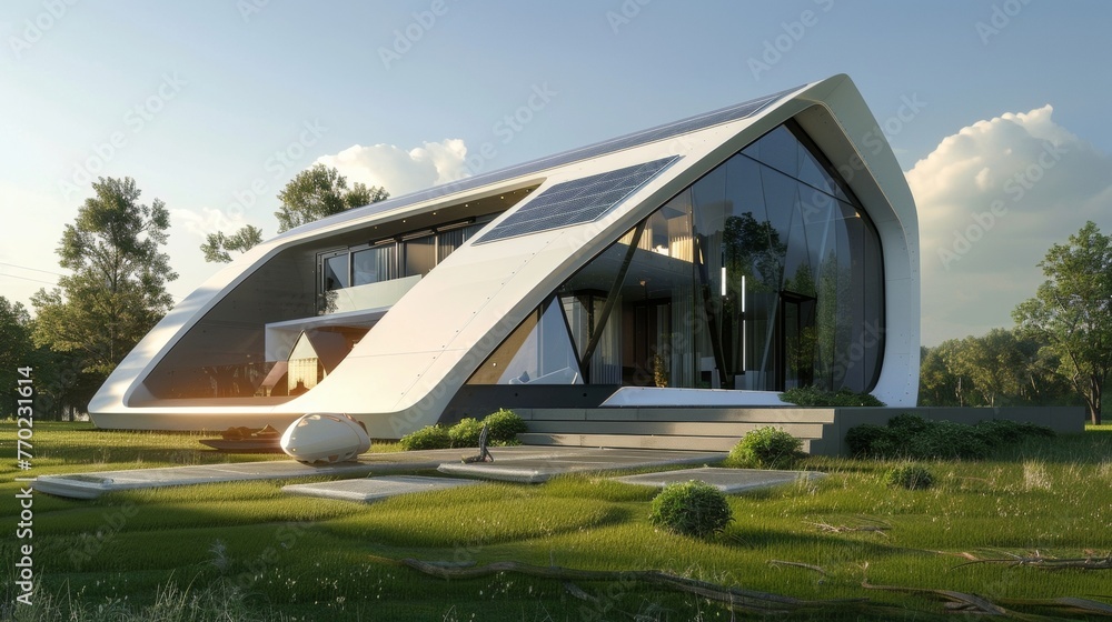 Poster a futuristic home with solarpowered windows utilizing nanotechnology to absorb sunlight and generate