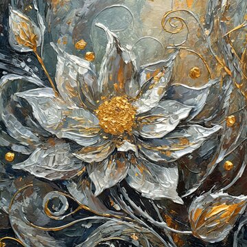 abstract background.a mesmerizing oil painting that explores the interplay between silver leaf and abstract flower forms, evoking a sense of elegance and tranquility on canvas.