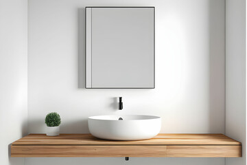 Fototapeta na wymiar White bathroom sink standing on a wooden shelf. A square mirror hanging on a white wall. A close up. 3d rendering