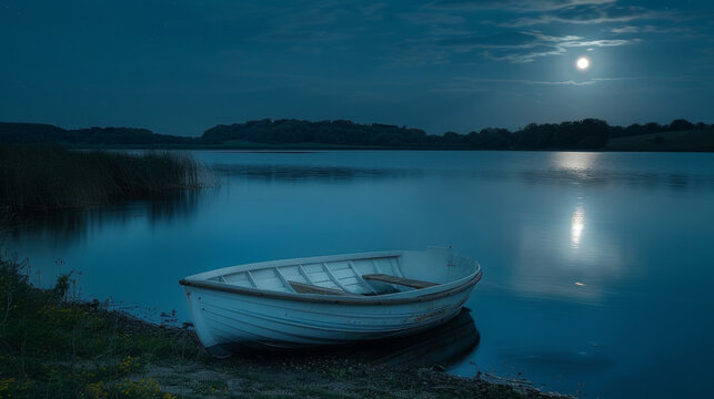A moonlit lake reflects the night sky above its surface shimmering with the delicate light of the moon. A rowboat sits at the shore . .