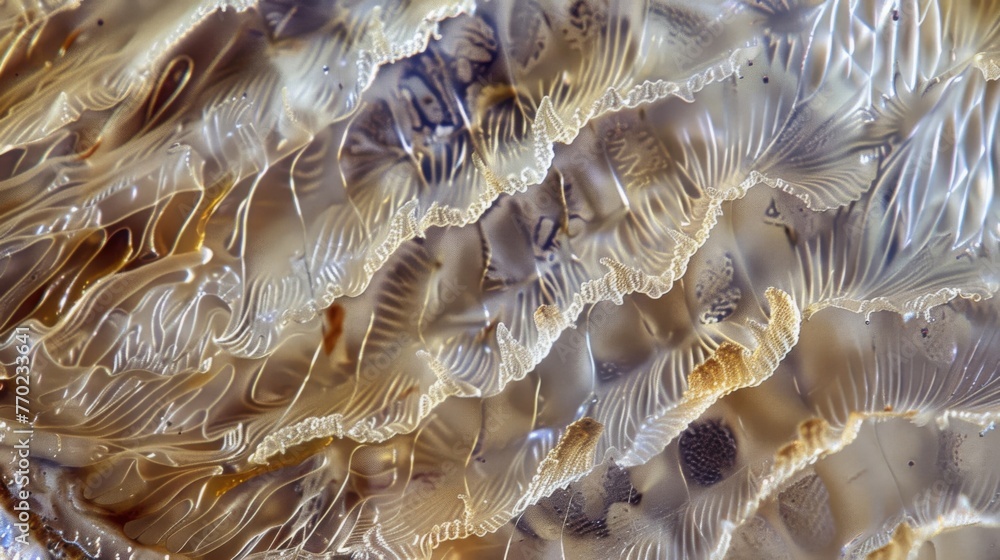 Aufkleber image at 1000x magnification a slice of fish gill tissue. the image displays a highly branched struc