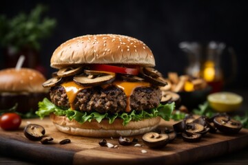 cheese hamburger with beef and mushrooms on wooden board. unhealthy junk food - obrazy, fototapety, plakaty
