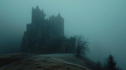 The old castle in the fog. Tranquil, mystical and mysterious atmosphere. Beauty landscape. Generative AI - obrazy, fototapety, plakaty