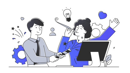 Happy business team simple. Man and woman at workplace. Collaboration and cooperation. Colleagues and workers in office. Doodle flat vector illustration isolated on white background