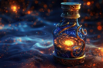 A mystical bottle filled with swirling galaxy and stars, sealed with an ancient rune stopper , 3D illustration - obrazy, fototapety, plakaty
