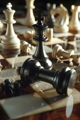 A chessboard in midgame, with a king toppling over, symbolizing strategic missteps leading to defeat , 3D illustration