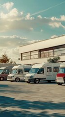 A collection of camper vans and RVs outside a car rental office, promising road trip adventures , 3D illustration