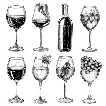 Set of pictures, wine glass filled with wine drawn in style of vintage engraving, isolated, white background, wine menu, vector, 