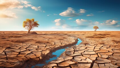 Dry cracks in the soil with a tree-cracked, earth with a desolate landscape