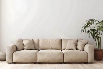 white modern sofa in minimalist light interior with empty wall for copy space text or mock up design