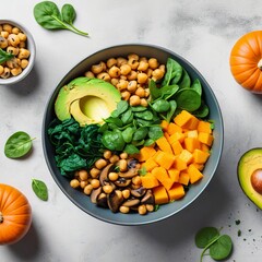 AI Generative image of vegan bowl with avocado, chickpeas, spinach, and pumpkin cubes