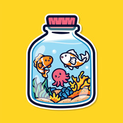 cute cartoon vector illustration design of marine life in a bottle