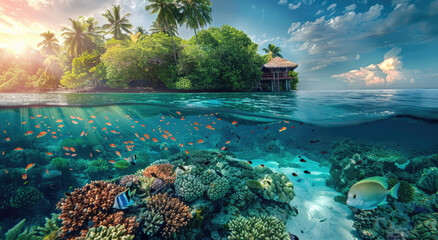 Beautiful tropical island with clear blue water and fish swimming underwater.