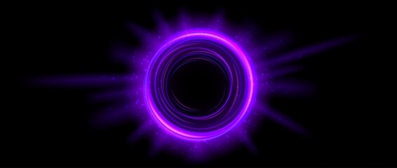 Purple glowing portal concept. Neon hologram teleport gate on black background. Violet circle digital aura with beams and sparks. Round hot flare template for game, ui, interface. Vector illustration