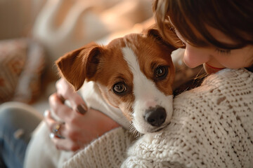 jack russell terrier playing with young woman in light living room together