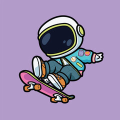 vector illustration of cartoon cute astronaut skateboarding