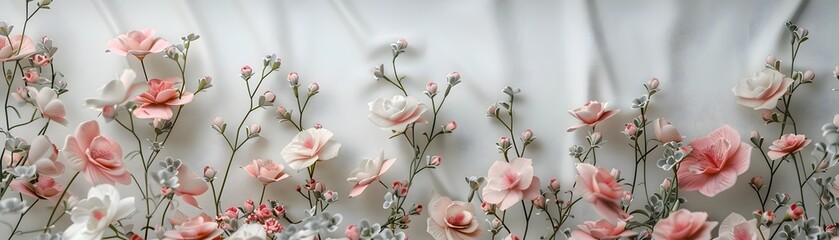 An array of soft pink blossoms extends across a shimmering white surface, creating a vision of pure beauty and delicate grace. - obrazy, fototapety, plakaty