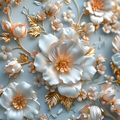 An elegant piece of floral art, featuring white and pastel-toned flowers with delicate gold accents on a soothing blue background.