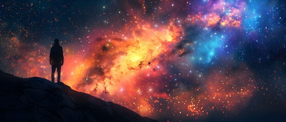 Atop a mountain, a lone figure stands silhouetted against a breathtakingly starry sky adorned with vibrant cosmic colors.