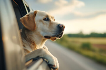 funny dog looks out the window of an car on the road a summer day, happy lifestyle travel adventure