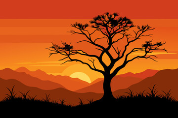 Fototapeta na wymiar lone tree against an orange sky vector illustration
