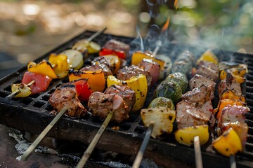 grilled meat and vegetables in the park